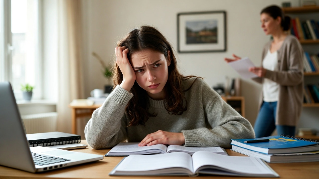 High School Girl at Desk looking frusterated